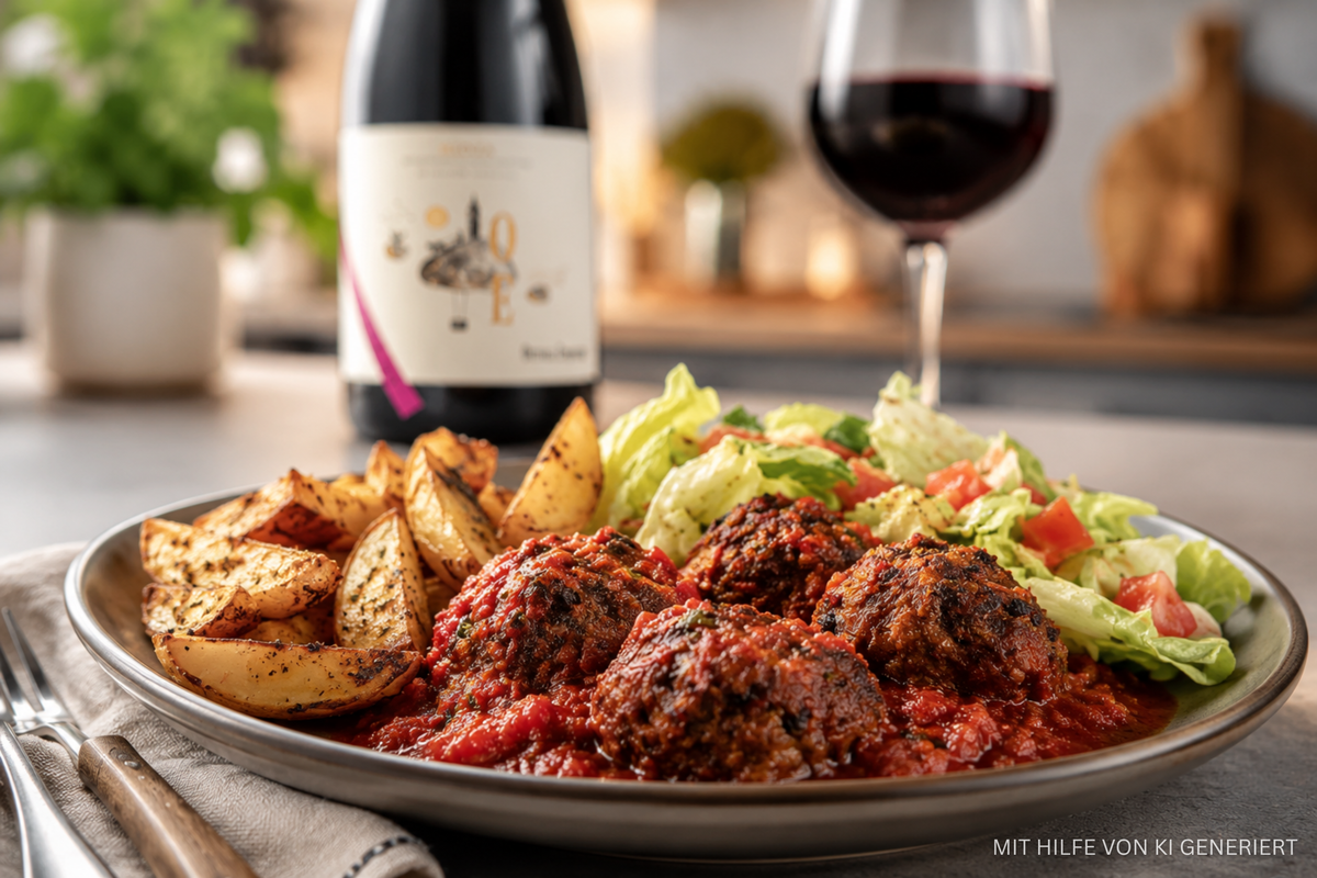 Bifteki mit Tomatensoße, Kartoffelecken und Salat