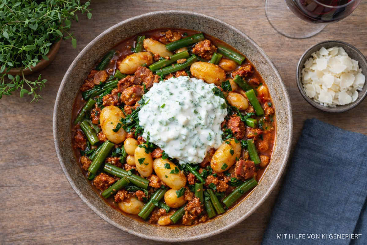 Gnocchi-Bohnen-Eintopf mit Chorizo und Kräuterdip