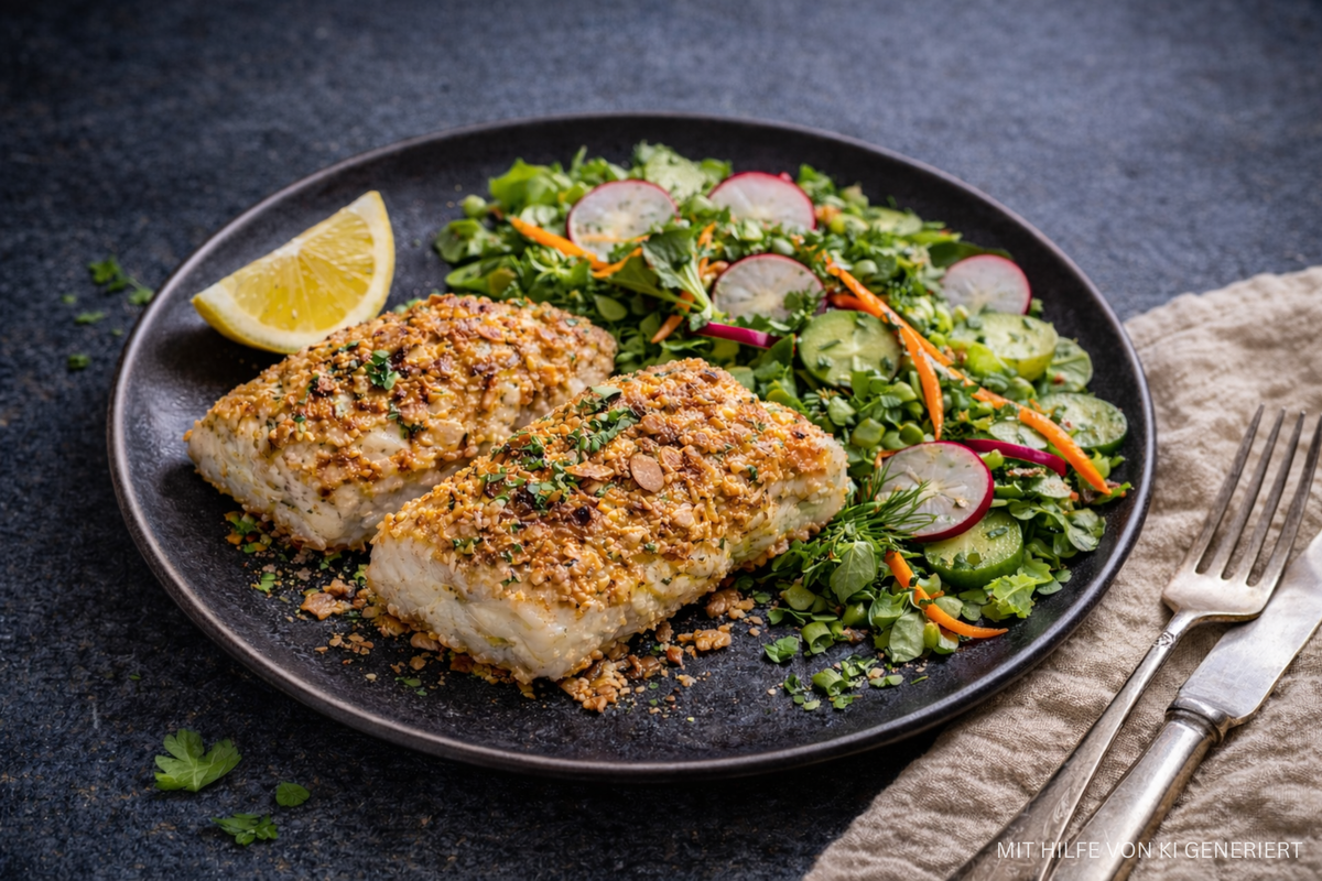 Kabeljau in Mandelpanade mit saisonalem Salat