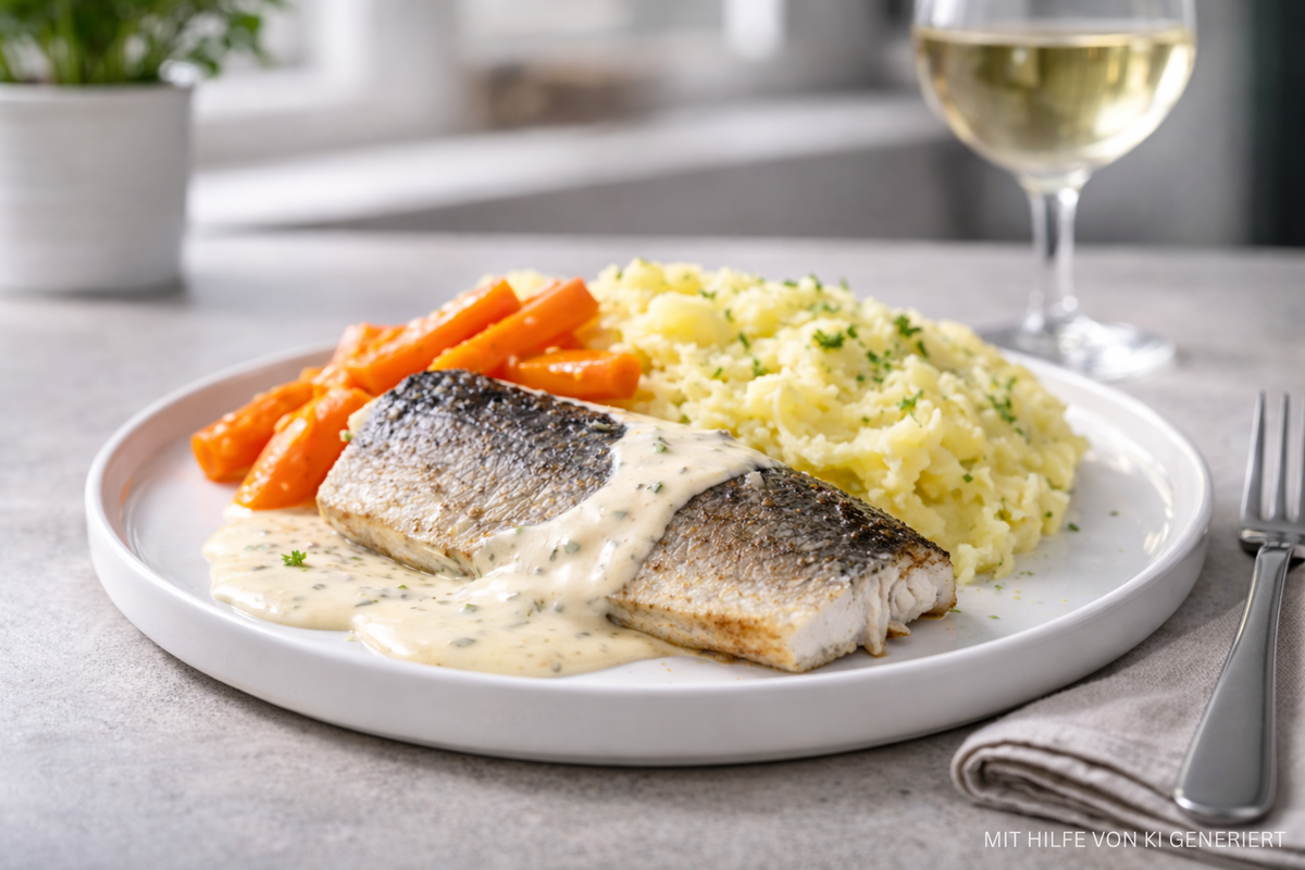 Seehecht mit Kartoffelpüree und glasierten Karotten