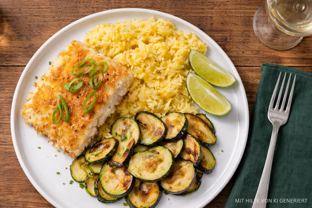 Seelachs in Kokos-Panko mit Curryreis