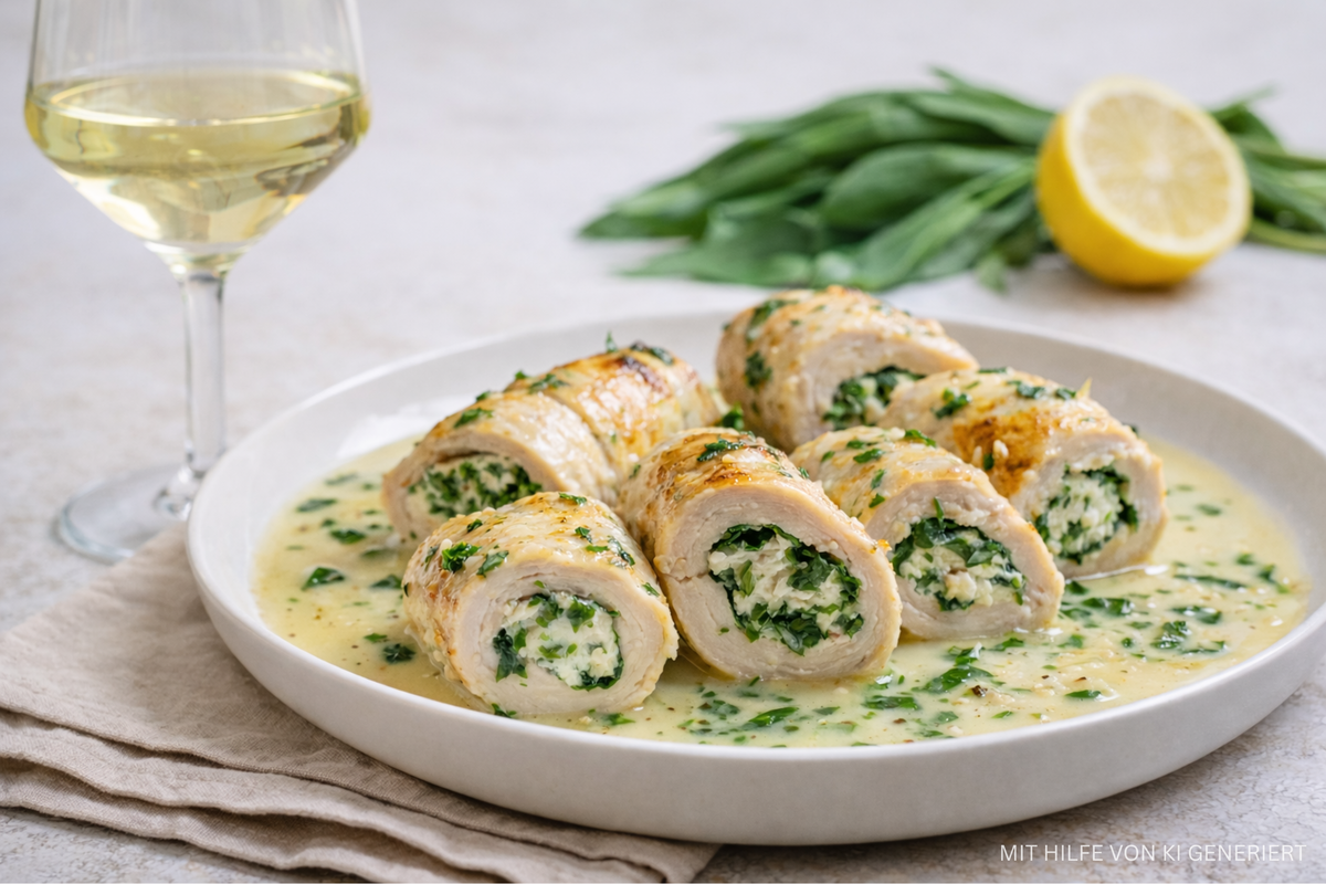Gefüllte Bärlauch-Hähnchen-Röllchen in Weißweinsauce