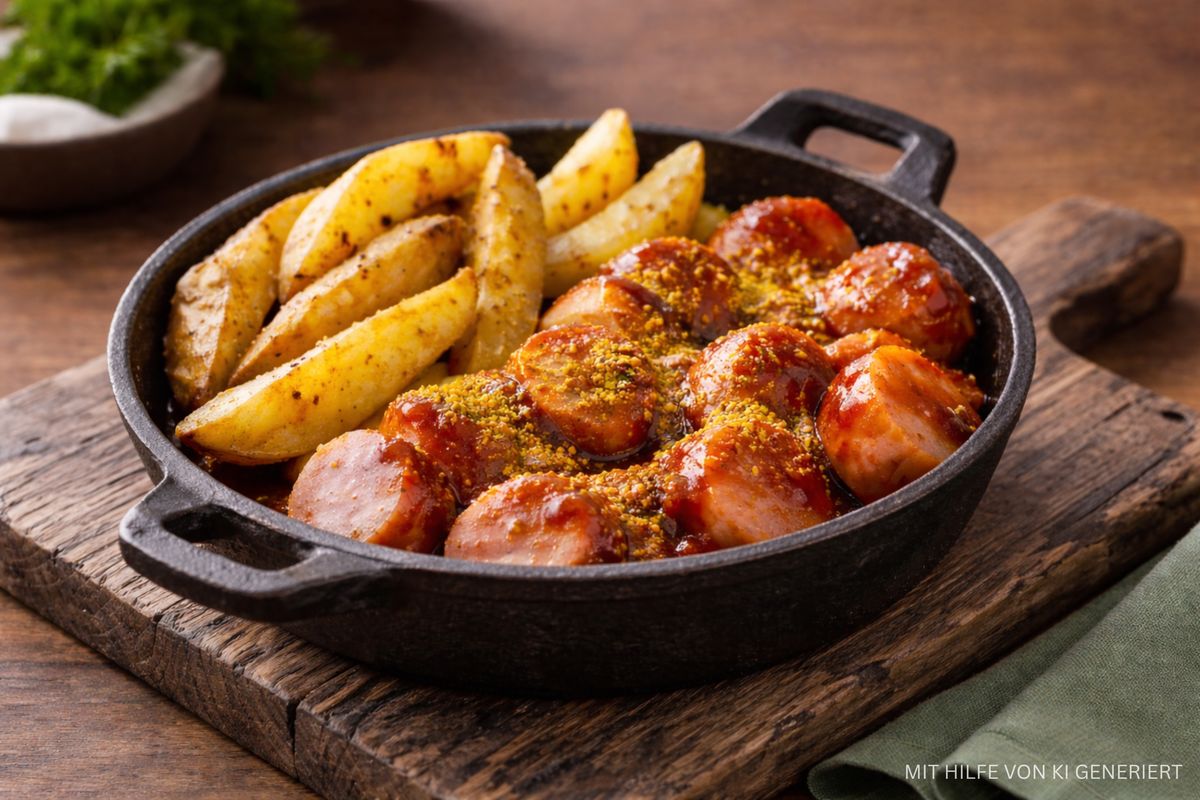 Currywurst mit selbstgemachter Sauce und Kartoffelspalten