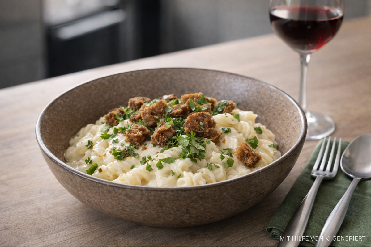 Pasta in Blumenkohlsauce mit Crunch-Topping