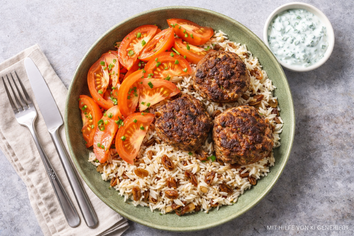Rindfleischköfte auf Sultaninen-Reis und Tomatensalat