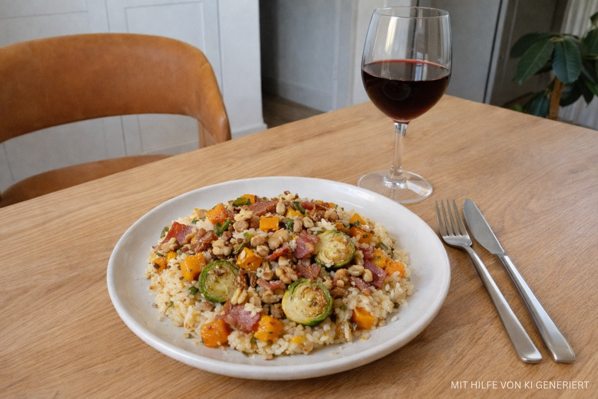 Rosenkohl-Kürbis-Risotto mit Speck und Walnüssen